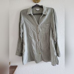 J Jill Green crushed cotton blouse button front v neck w collar Long sleeves S